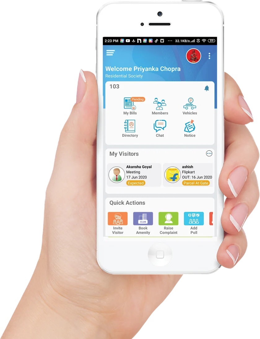 The Neighbium resident app showing bills, visitors and quick actions for a residential society